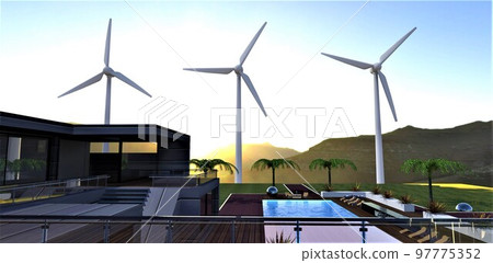 View from the terrace of the Fuduristic villa for a wonderful sunset outside the corner. Three wind generators produce electricity for the house and lighting of the personal plot. 3D rendering. View from the terrace of the Fuduristic villa for a wonderful sunset outside the corner. Three wind generators produce electricity for the house and lighting of the personal plot. 3D rendering. 97775352