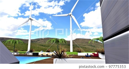 View from the window to the courtyard of a wonderful sunny court of a suburban club hotel with a pool and a recreation area. Energy supply is carried out using wind generation. 3D rendering. View from the window to the courtyard of a wonderful sunny court of a suburban club hotel with a pool and a recreation area. Energy supply is carried out using wind generation. 3D rendering. 97775353