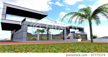 Fallen wind-blown green-yellow leaves in a meadow in front of a futuristic dwelling. The facade is finished with sealed eco-friendly warm aesthetic material with a metal coating. 3d rendering. Fallen wind-blown green-yellow leaves in a meadow in front of a futuristic dwelling. The facade is finished with sealed eco-friendly warm aesthetic material with a metal coating. 3d rendering. 97775374