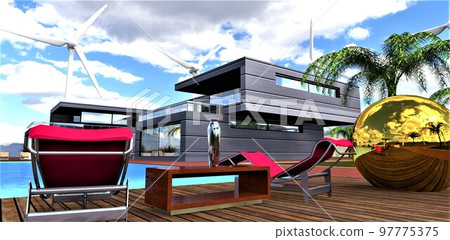 Furnishings in the recreation area of a futuristic villa. Comfortable red sun loungers. Vitamin drink in a metal vessel. Wooden flooring near the pool. Golden ball and three wind turbines. 3d Furnishings in the recreation area of a futuristic villa. Comfortable red sun loungers. Vitamin drink in a metal vessel. Wooden flooring near the pool. Golden ball and three wind turbines. 3d 97775375