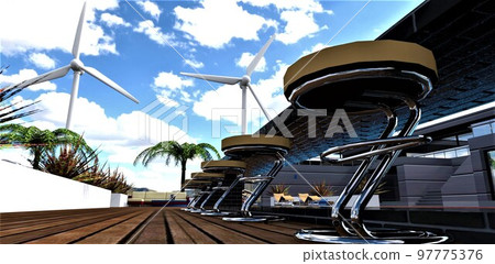 Graceful steel bar stools are arranged in a row on a decking in the pool area in a wonderful country home with renewable energy sources. 3d rendering. Graceful steel bar stools are arranged in a row on a decking in the pool area in a wonderful country home with renewable energy sources. 3d rendering. 97775376