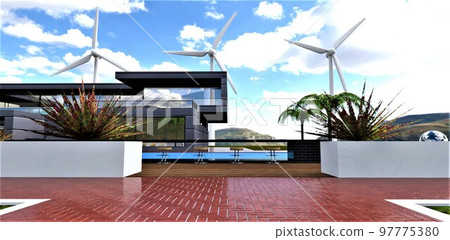 Paving stones in the form of glossy parquet bricks in front of a bar in the recreation area of a futuristic dwelling with a completely autonomous power supply system based on wind generation. 3d Paving stones in the form of glossy parquet bricks in front of a bar in the recreation area of a futuristic dwelling with a completely autonomous power supply system based on wind generation. 3d 97775380