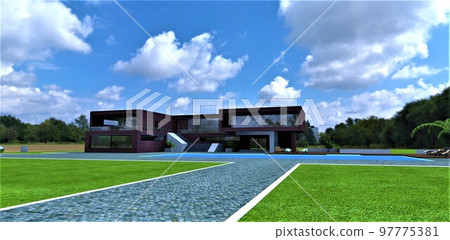 Pedestrian road paved with natural granite with a white border on a lush green meadow on the territory of a wonderful country estate built in a minimalist style. 3d rendering. 97775381