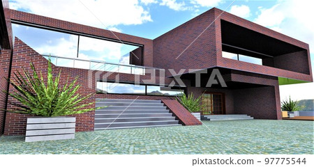Red-blue finishing brick as a facade cladding for a stylish country house. Warming is carried out with a 100 mm layer of basalt wool. Paving yard made of natural granite cobblestones. 3d rendering. 97775544