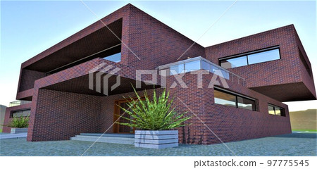 Stylish design of an elite country cottage. The facade is finished with red-blue brick-like tiles. A wonderful illustration for a publication about advanced modern real estate. 3d rendering. 97775545