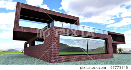 The concept of elite suburban housing made of red brick. Large mirrored windows. Straight minimalistic lines. Large paved area around the house. 3d rendering. The concept of elite suburban housing made of red brick. Large mirrored windows. Straight minimalistic lines. Large paved area around the house. 3d rendering. 97775546