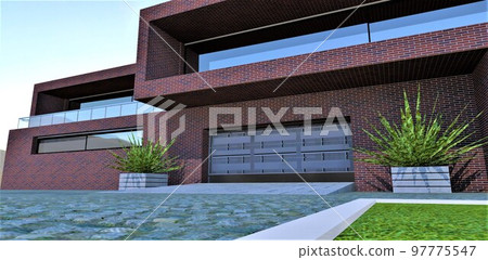 The design of the garage of an elite private house, lined with red and blue glossy bricks. Lifting automatic gates made of aluminum. Granite skier with a white border on the lawn. 3d rendering. The design of the garage of an elite private house, lined with red and blue glossy bricks. Lifting automatic gates made of aluminum. Granite skier with a white border on the lawn. 3d rendering. 97775547