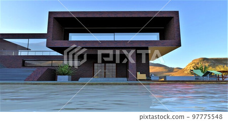 The surface of the water in the pool in the courtyard of a chic country villa in a futuristic style with a facade lined with stylish red brick tiles. Mountains in the background. 3d rendering. The surface of the water in the pool in the courtyard of a chic country villa in a futuristic style with a facade lined with stylish red brick tiles. Mountains in the background. 3d rendering. 97775548