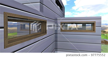 A narrow wood-trimmed window with a two-chamber energy-saving double-glazed window and an external casing perfectly suits the facade of a modern country house. 3d rendering. 97775552
