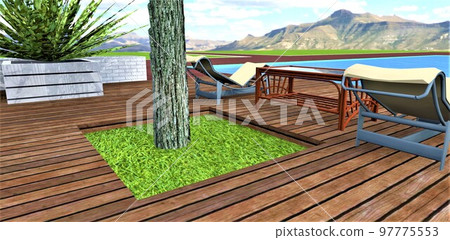 A square hole in a wooden deck, made especially for a palm tree that provides shade on a hot day for visitors to a country hotel with a pool. 3d rendering. 97775553