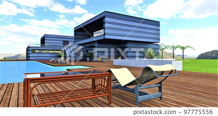 A woven bamboo table with a glass top next to a chaise longue on a deck board near a swimming pool near a wonderful country house with walls covered with a thin sheet of steel. 3d rendering. 97775556