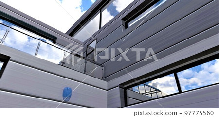 Bottom view of a stylish country house finished with horizontal aluminum panels. Comfortable balcony surrounded by glass panels. A good banner for advertising advanced real estate. 3d rendering. Bottom view of a stylish country house finished with horizontal aluminum panels. Comfortable balcony surrounded by glass panels. A good banner for advertising advanced real estate. 3d rendering. 97775560