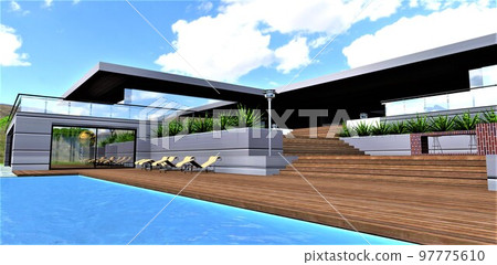 A wonderful combination of facade decoration with aluminum panels and decking. Wide wooden steps to the pool with blue water. 3d rendering. 97775610