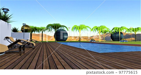 Foot-friendly decking by the pool with sun loungers in the backyard seating area of a stylish futuristic home. Photovoltaic balls play an energy storage and aesthetic role. 3d rendering. Foot-friendly decking by the pool with sun loungers in the backyard seating area of a stylish futuristic home. Photovoltaic balls play an energy storage and aesthetic role. 3d rendering. 97775615