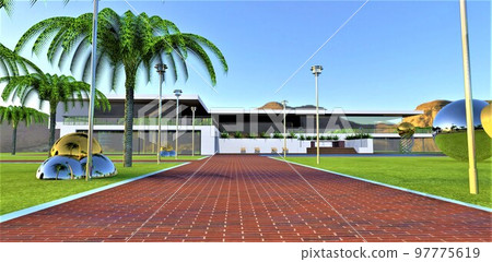 Pedestrian cobbled road made of red brick with a white curb on the territory of a futuristic estate. A great banner for a site selling advanced real estate. 3d rendering. Pedestrian cobbled road made of red brick with a white curb on the territory of a futuristic estate. A great banner for a site selling advanced real estate. 3d rendering. 97775619