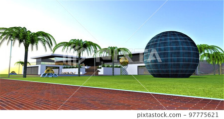 Red brick pavement with blue curb on green lawn near ecological house with ball solar electric station producing maximal sun power during the day due to its spherical shape. 3d rendering. 97775621