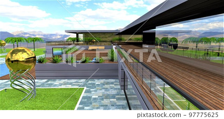 Stylish estate of the future. Glass facade with wooden terrace. Metal installation as a decor on the lawn. 3d rendering. Stylish estate of the future. Glass facade with wooden terrace. Metal installation as a decor on the lawn. 3d rendering. 97775625