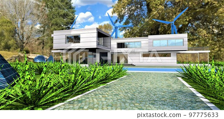 Fantastic garden of an eco-efficient home, finished with an innovative material based on a composite of aluminum and carbon fiber. 3d render. 97775633