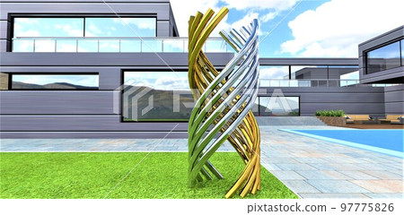 A combination of gold and chrome. Designer installation on the lawn of an elite private estate. Metal pipes of circular section are twisted into a single composition. 3d rendering. 97775826