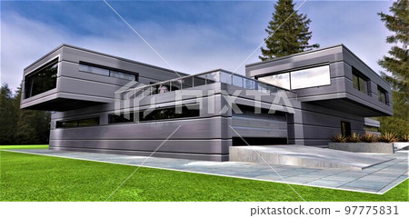 Exclusive design of a country private cottage in an ecologically clean park area. Individual finishing with innovative building materials. 3d rendering. Exclusive design of a country private cottage in an ecologically clean park area. Individual finishing with innovative building materials. 3d rendering. 97775831