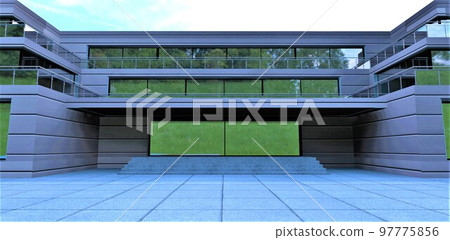 Entrance design for a modern office building, built according to an exclusive project by a team of advanced architects. Green technologies and eco-friendly materials. 3d rendering. 97775856