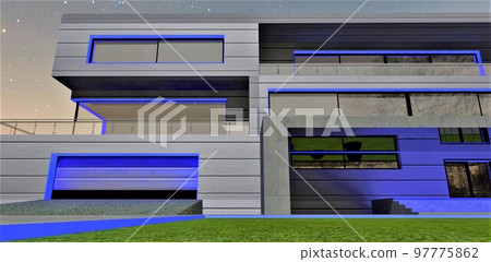 Green joicy lawn in front of the futuristic country building in the night. View to the garage and porch. 3d rendering. Green joicy lawn in front of the futuristic country building in the night. View to the garage and porch. 3d rendering. 97775862