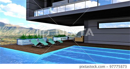 An amazing recreation area on the roof of an elite club hotel with a swimming pool, comfortable furniture and a gorgeous view of the mountain landscape. 3d rendering. An amazing recreation area on the roof of an elite club hotel with a swimming pool, comfortable furniture and a gorgeous view of the mountain landscape. 3d rendering. 97775873