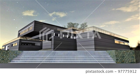 The light of the evening stars falls on the wide steps of a concrete staircase to the high pavement of an elite suburban housing built in high-tech style from innovative materials. 3d rendering. 97775912