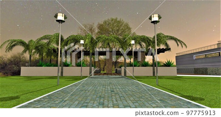 Walkway paved with natural granite stone with white curb along on the green lawn near the stunning patio under the night starry sky. 3d rendering. 97775913