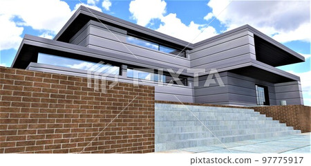 A massive concrete staircase to the high blind area of a modern country house. The combination of brown brick walls and aluminum panels. 3d rendering. A massive concrete staircase to the high blind area of a modern country house. The combination of brown brick walls and aluminum panels. 3d rendering. 97775917