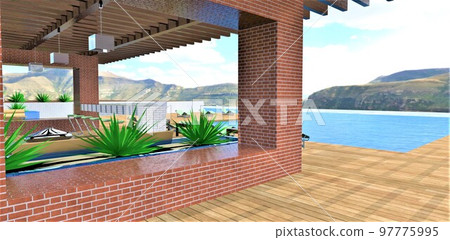 Peaceful environment in a corner of paradise next to a cozy patio near the pool on the roof of a luxury hotel, located high in the mountains. 3d rendering. 97775995