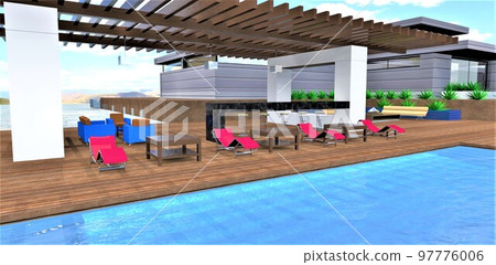Wonderful layout of outdoor furniture in a cozy patio on a terrace board near an elite country house. The steps are visible through the clear water in the pool. 3d rendering. 97776006