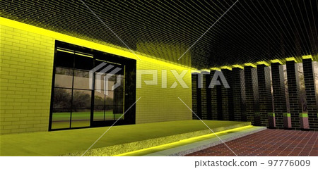 A successful combination of yellow lighting and porch wall decoration with black and white brick tiles. The impression of exclusivity and uniqueness of the evening atmosphere. 3d rendering. 97776009