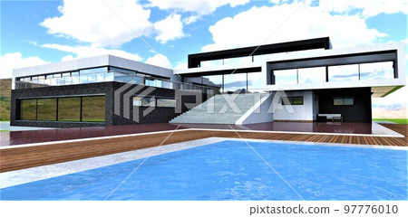 A wonderful combination of white and black brick finishing of luxurious suburban housing with a swimming pool. 3d rendering. 97776010