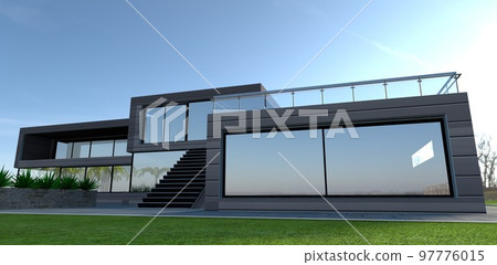 Carefree morning on a green lawn in front of a personal new newly built technological modern cottage. 97776015