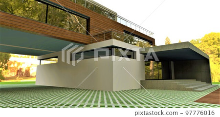 Concrete stylish porch of elite suburban house. Through arch to the back yard. Facade board finishing of the second floor walls. 3d rendering. 97776016