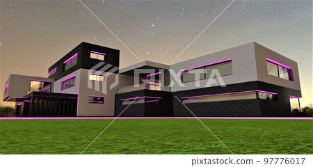 Contemporary trends in the illumination of private country houses. Option with purple LED strip. Looks great on a starry night. 3d rendering. Contemporary trends in the illumination of private country houses. Option with purple LED strip. Looks great on a starry night. 3d rendering. 97776017