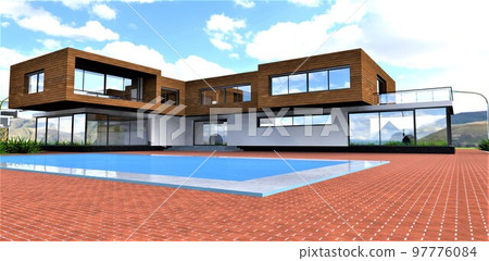 Red brick as a paving stone of the contemporary suburban dwelling with pool in the courtyard, Good illustration for the modern real estate magazine. 3d rendering. 97776084