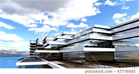 Stylish hotel complex with big pool constructed according to contemporary design using green technologies. 3d rendering. 97776085