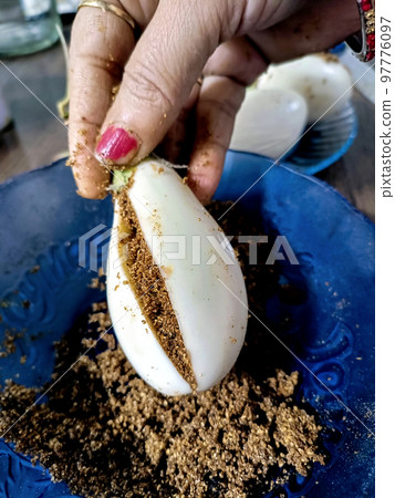 Making stuffed white eggplant at indian home 97776097
