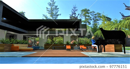 A blonde woman in a blue blouse plays the black piano on the amazing patio near the pool in the courtyard of a fashionable country house built in a shady park. 3d rendering. A blonde woman in a blue blouse plays the black piano on the amazing patio near the pool in the courtyard of a fashionable country house built in a shady park. 3d rendering. 97776151