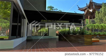 A new, recently commissioned eco-friendly house in the green bushes of a Chinese park. Stacked brickwork as a blind area in the courtyard of the estate. 3d rendering. 97776152