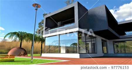 A steel street lamp in front of an advanced suburban dwelling during the day. Red tile paving stone and white border. Bright green meadow. Combined decoration of the facade of the building. 3d A steel street lamp in front of an advanced suburban dwelling during the day. Red tile paving stone and white border. Bright green meadow. Combined decoration of the facade of the building. 3d 97776153