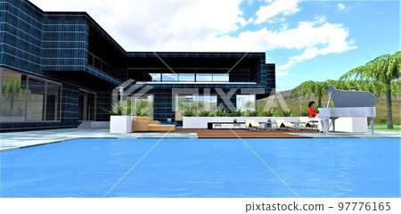 Lady in red plays white piano in a cozy patio near the pool in the yard of a contemporary house finished with solar panels constructed in an ecologicaly clean region. 3d rendering. 97776165