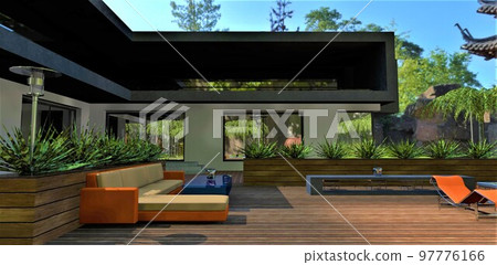 Orange and beige sofa on a wooden deck. Lots of plants in pots. Metal street lamp. A wonderful recreation area in the courtyard of a private cozy estate. 3d rendering. Orange and beige sofa on a wooden deck. Lots of plants in pots. Metal street lamp. A wonderful recreation area in the courtyard of a private cozy estate. 3d rendering. 97776166