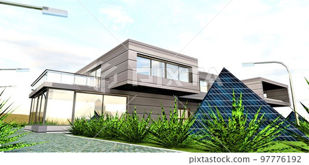 Pyramid with faces made of photovoltaic panels. It is a solar power plant. Inside there are gel batteries and a charge controller with a voltage inverter of 12-220 Volts. 3d render. Pyramid with faces made of photovoltaic panels. It is a solar power plant. Inside there are gel batteries and a charge controller with a voltage inverter of 12-220 Volts. 3d render. 97776192