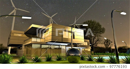 Starry night above an eco-friendly autonomous country house lit by street lamps. The power supply of the estate is provided by three productive silent wind generators with low vibration. 3d render. Starry night above an eco-friendly autonomous country house lit by street lamps. The power supply of the estate is provided by three productive silent wind generators with low vibration. 3d render. 97776193