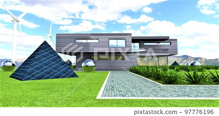 Stylish energy-efficient country house of the future. Pyramid covered with photovoltaic panels. Own vsilent wind generators. 3d render. 97776196