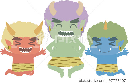 Red demon, blue demon and green demon jumping with a smile Red demon, blue demon and green demon jumping with a smile 97777407