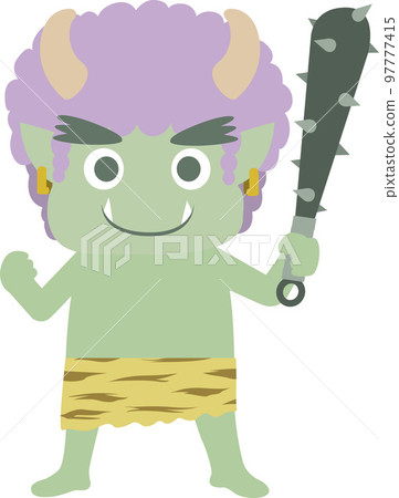 一個綠色惡魔微笑著站著，拿著一根金屬棒 97777415